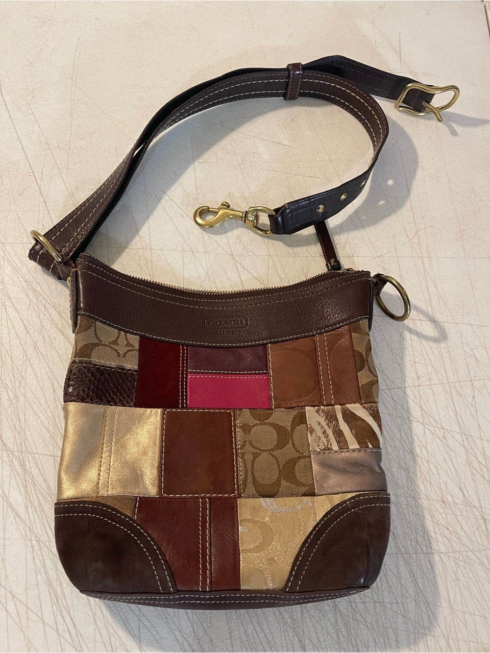Coach Patchwork Crossbody Bag in Brown, Pink, Gold